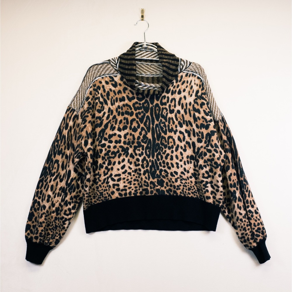 Gimmicks Sweater Womens L Brown Leopard Print Mixed Media Boho Indie Mob Wife - Picture 2 of 16